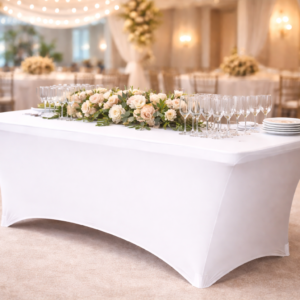 Rectangle Table with White Fitted Tablecloth