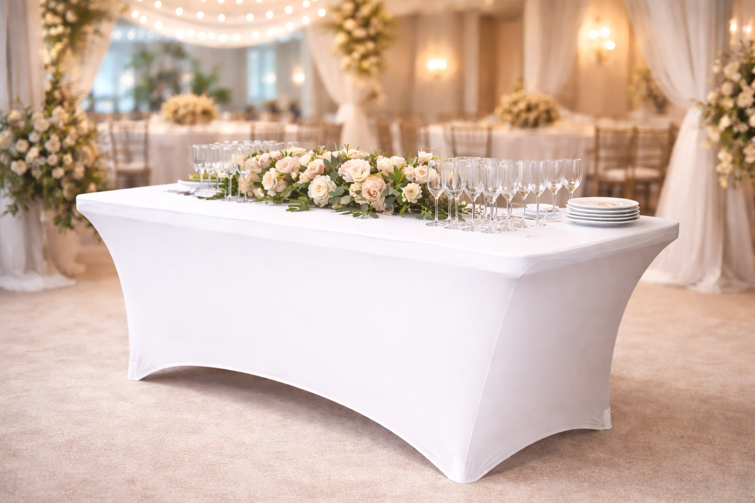 Rectangle Table with White Fitted Tablecloth